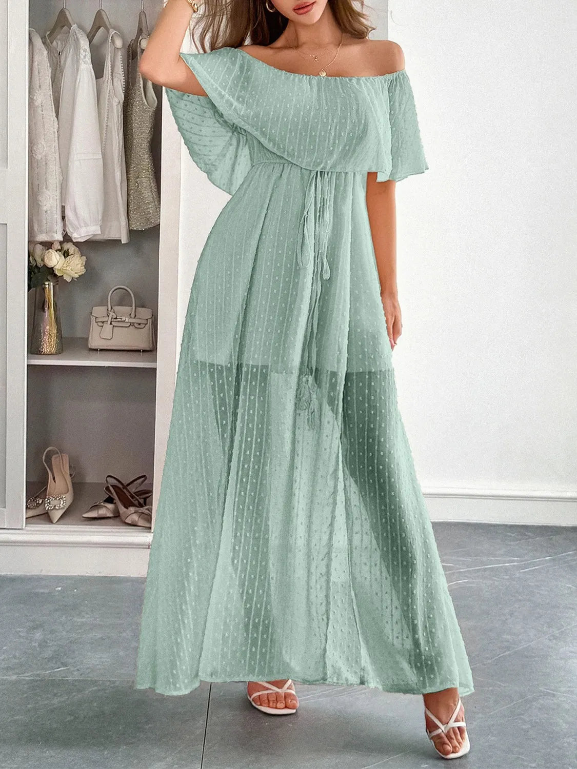 Swiss Dot Off Shoulder Maxi Dress - adritiX