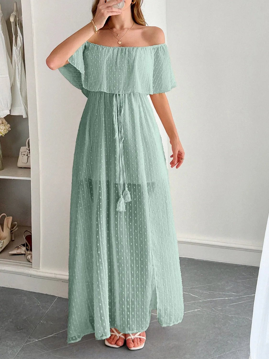Swiss Dot Off Shoulder Maxi Dress - adritiX
