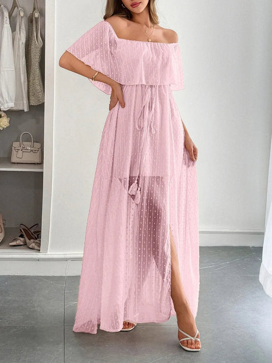 Swiss Dot Off Shoulder Maxi Dress - adritiX