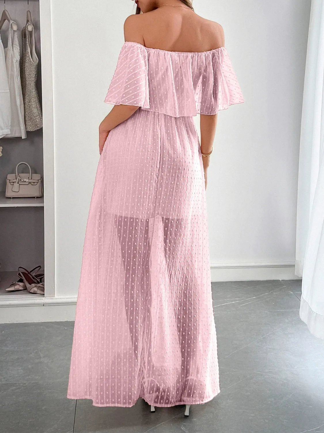 Swiss Dot Off Shoulder Maxi Dress - adritiX