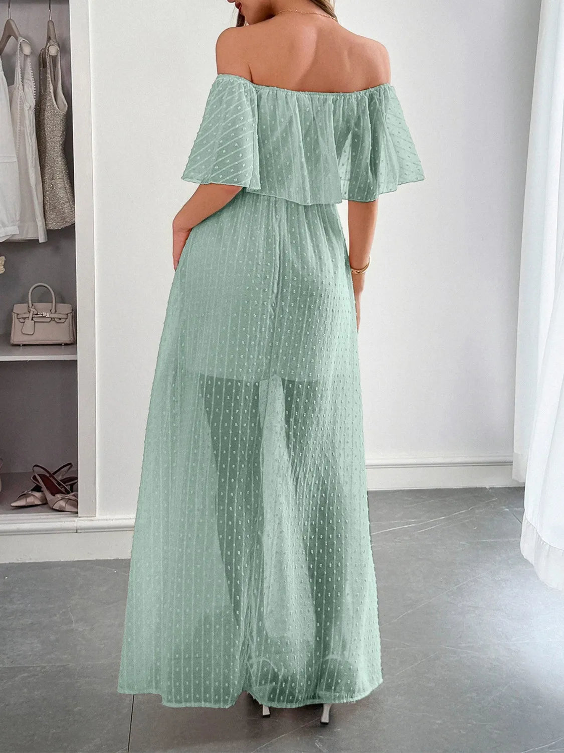 Swiss Dot Off Shoulder Maxi Dress - adritiX