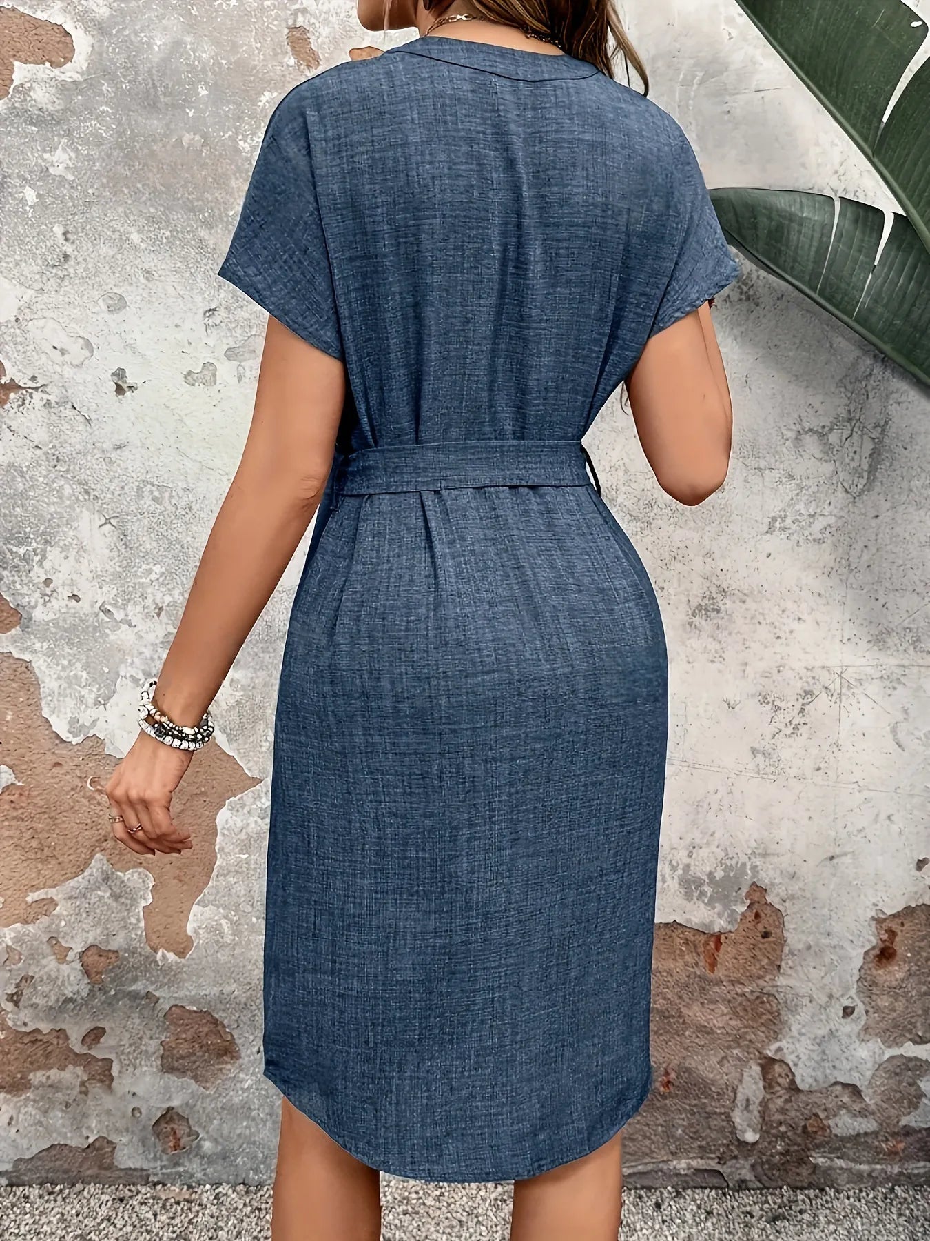 Textured Notched Tie - Waist Dress - adritiX