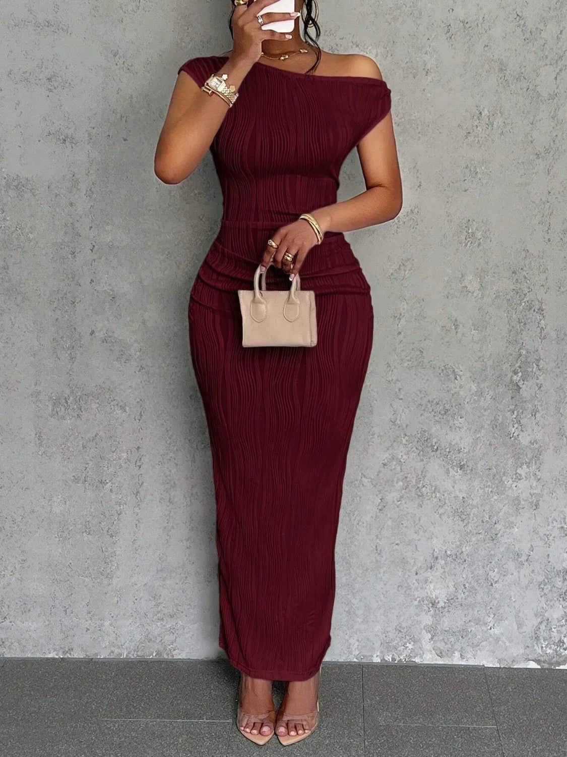 Textured Single Shoulder Maxi Dress - adritiX
