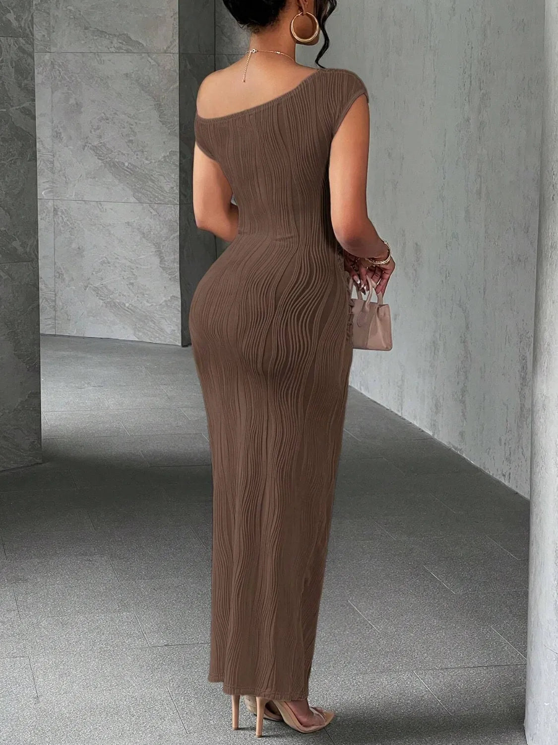 Textured Single Shoulder Maxi Dress - adritiX