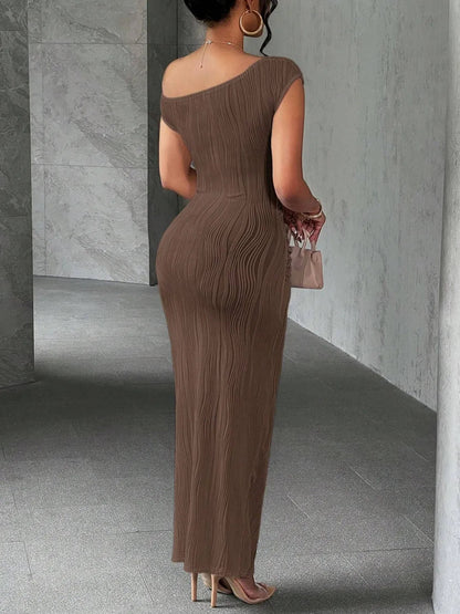 Textured Single Shoulder Maxi Dress - adritiX