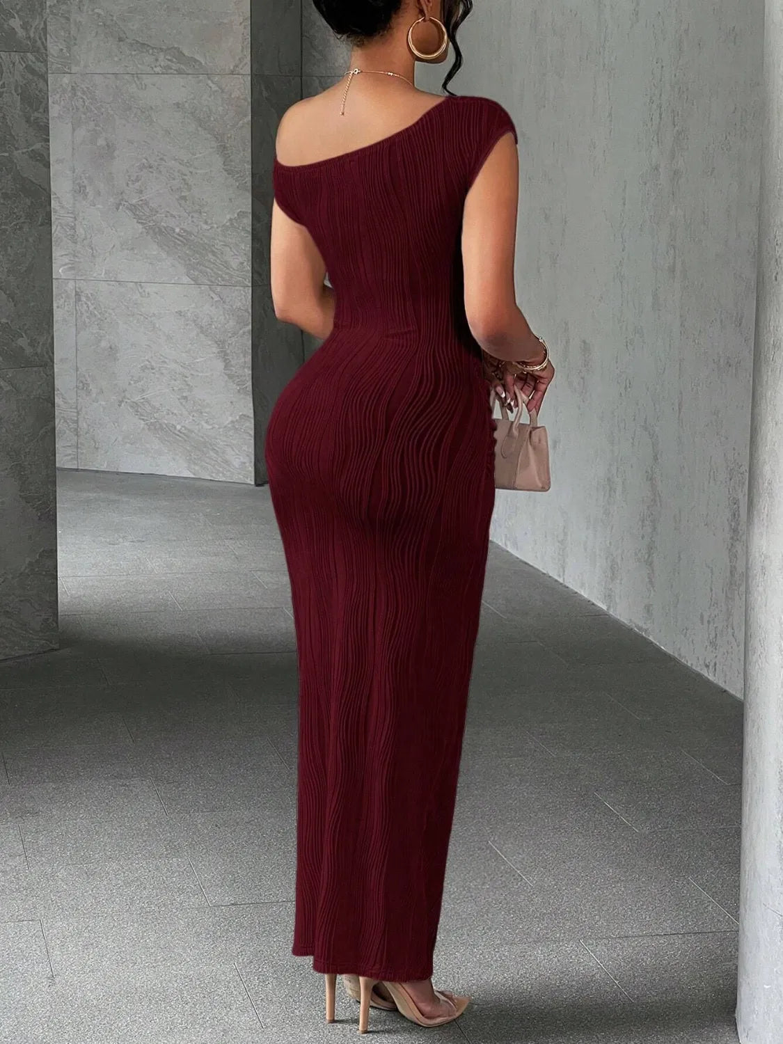 Textured Single Shoulder Maxi Dress - adritiX