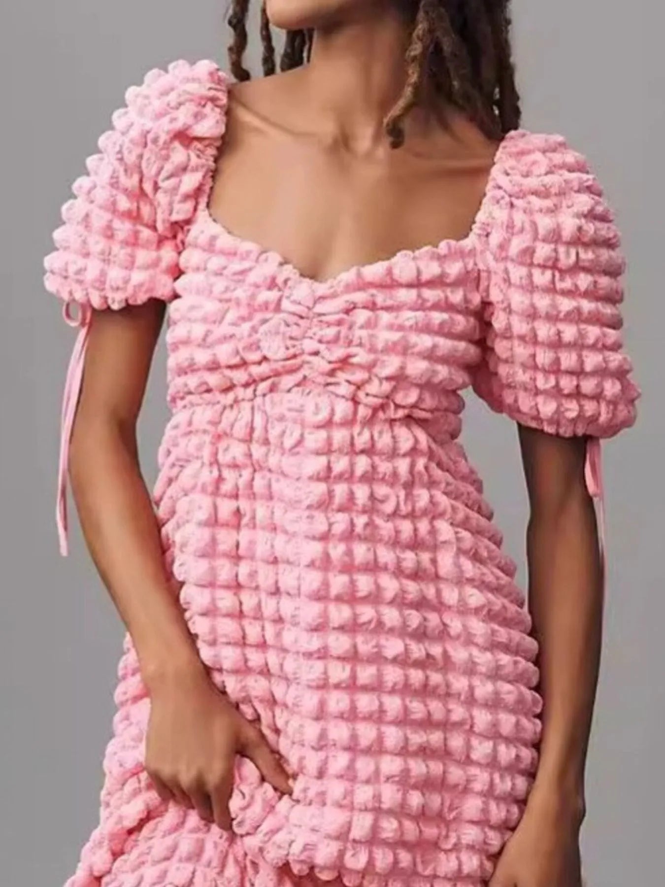 Textured Sweetheart Neck Short Sleeve Dress - adritiX