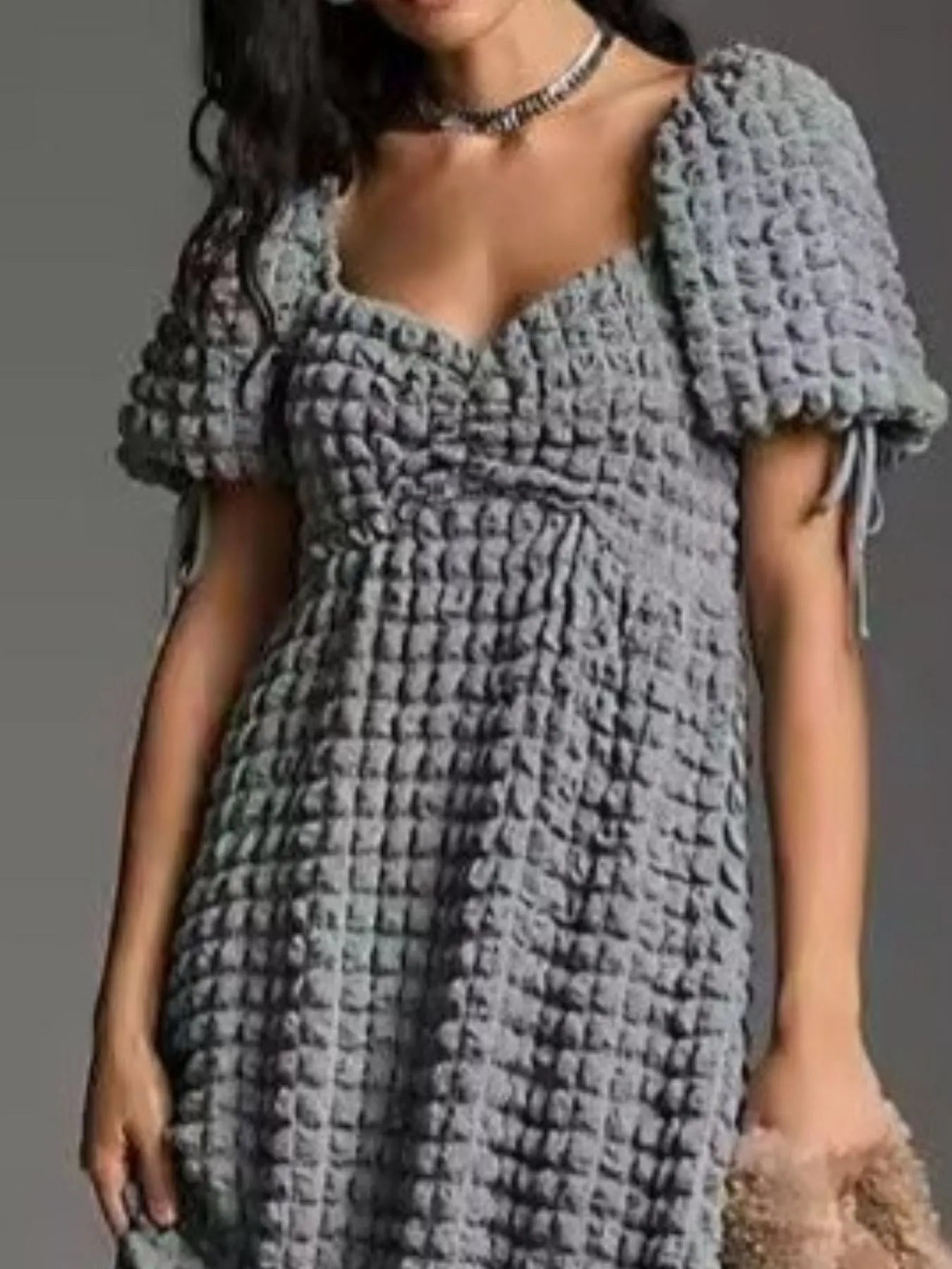 Textured Sweetheart Neck Short Sleeve Dress - adritiX