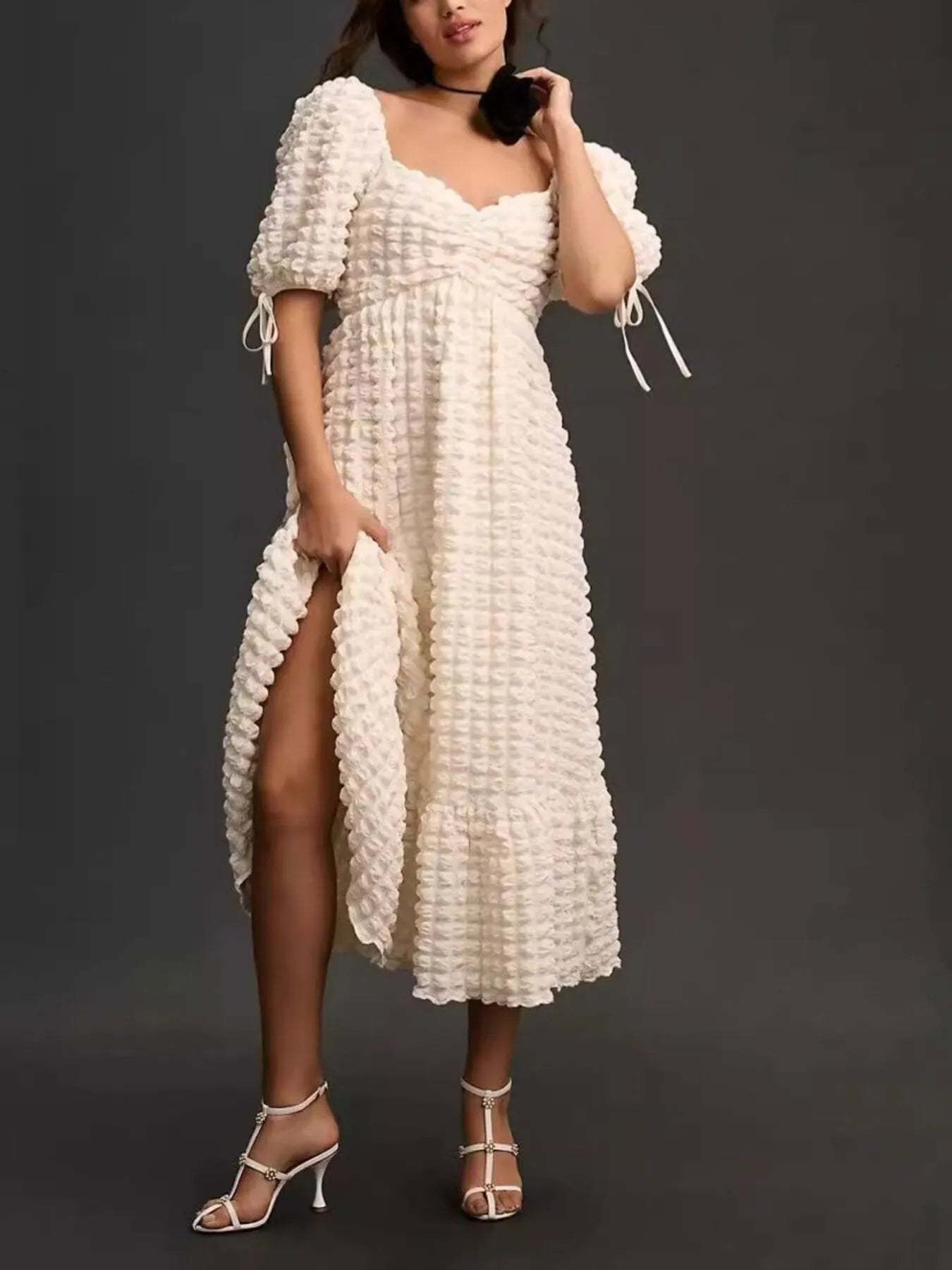 Textured Sweetheart Neck Short Sleeve Dress - adritiX