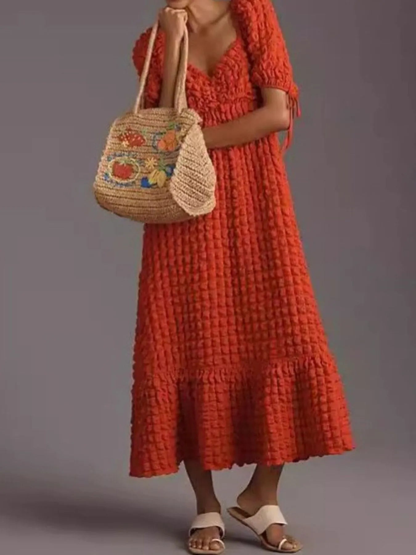 Textured Sweetheart Neck Short Sleeve Dress - adritiX
