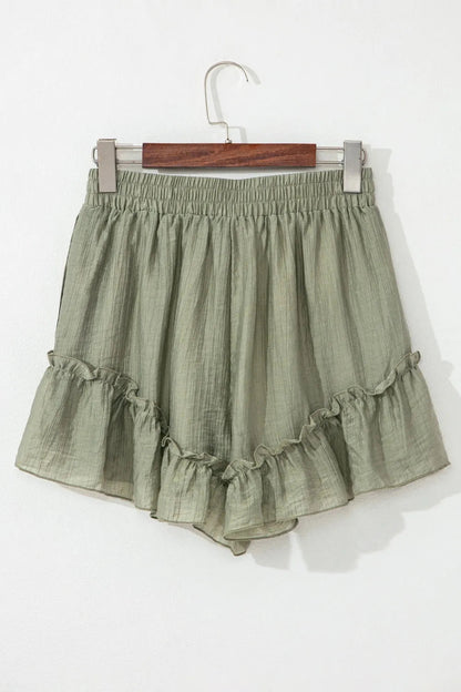 Textured Tie Waist Ruffle Hem Shorts - adritiX