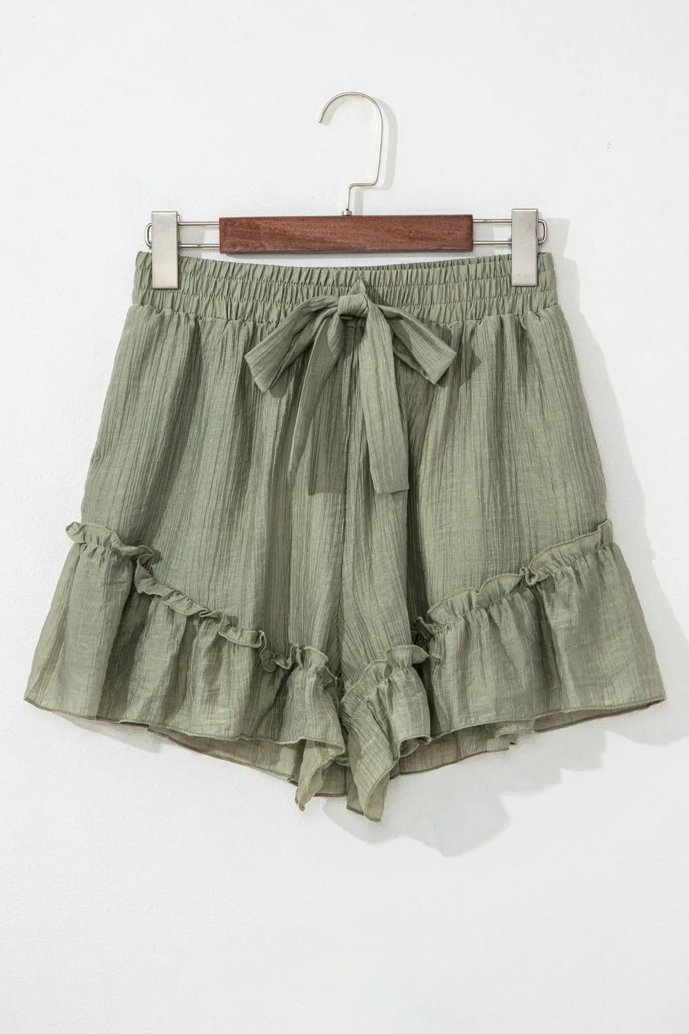 Textured Tie Waist Ruffle Hem Shorts - adritiX