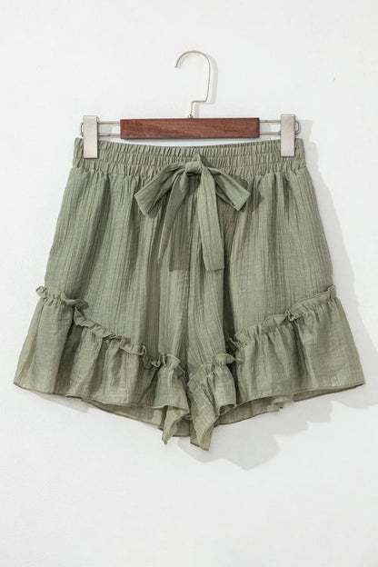 Textured Tie Waist Ruffle Hem Shorts - adritiX