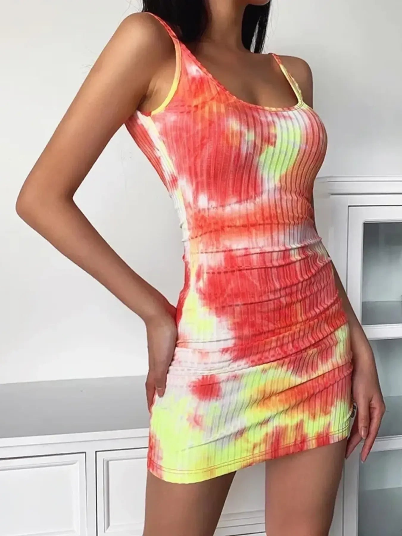 Tie - Dye Ribbed Mini Dress with Side Drawstring - adritiX