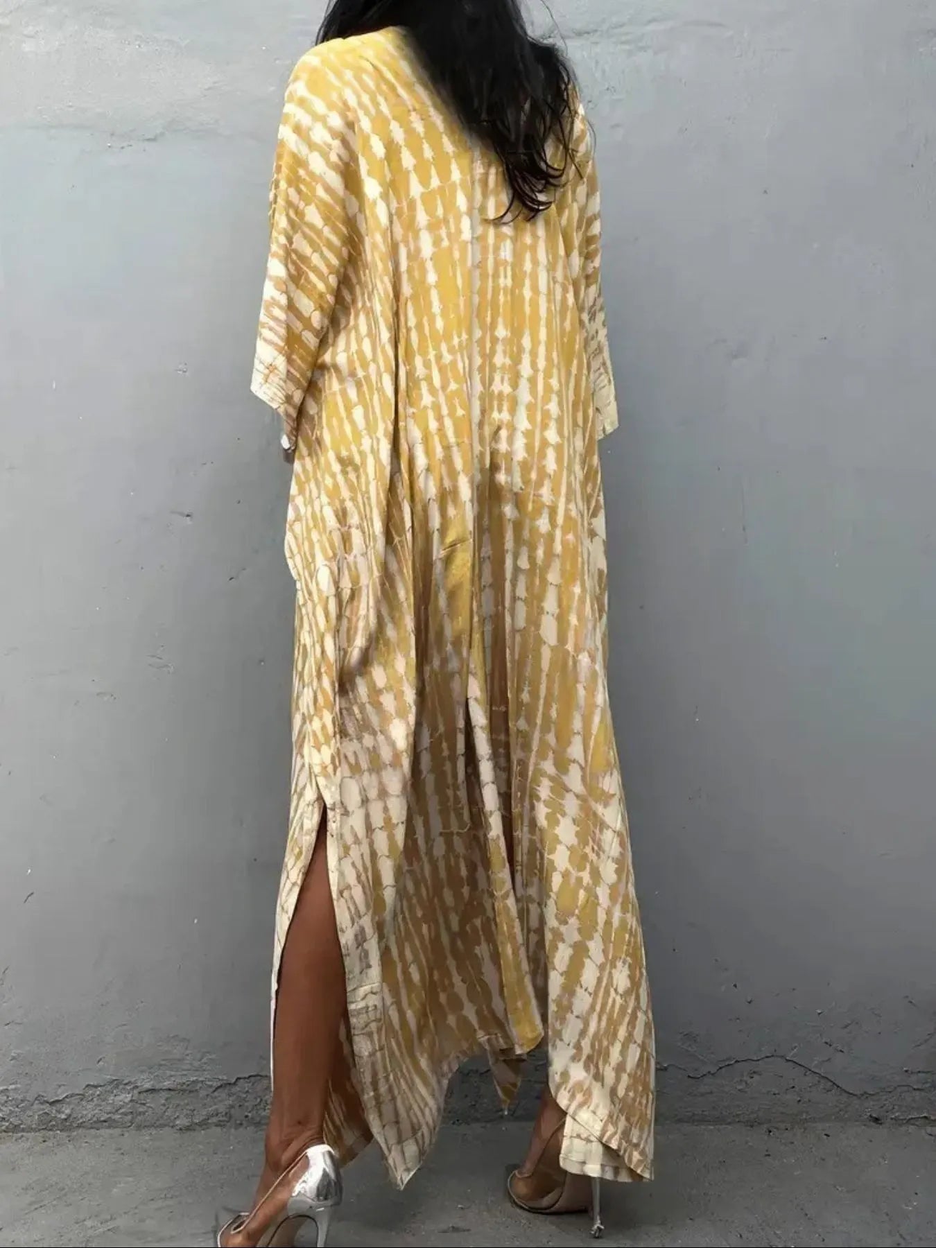 Tie - Dye V - Neck Maxi Dress with Flowy Sleeves - adritiX