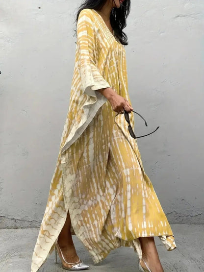 Tie - Dye V - Neck Maxi Dress with Flowy Sleeves - adritiX