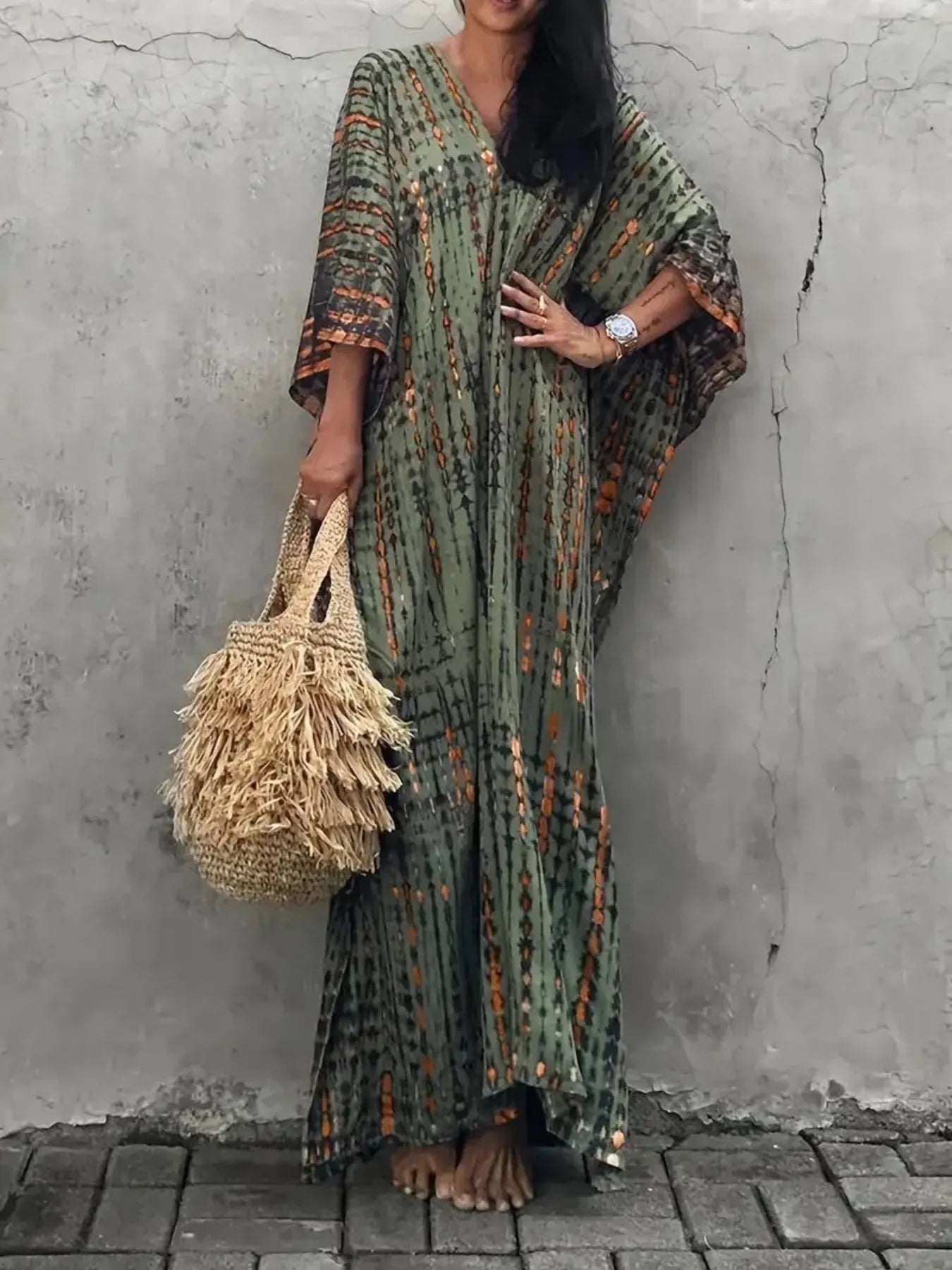 Tie - Dye V - Neck Maxi Dress with Flowy Sleeves - adritiX