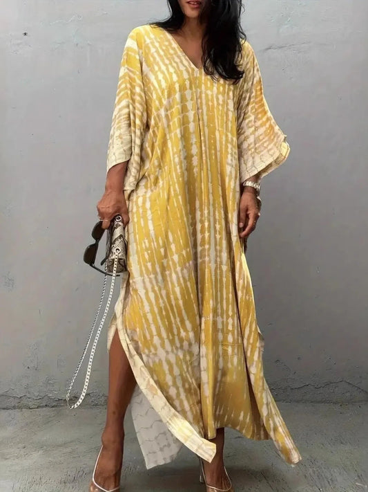 Tie - Dye V - Neck Maxi Dress with Flowy Sleeves - adritiX