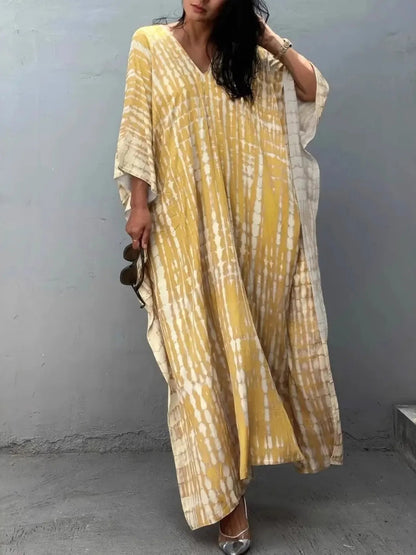 Tie - Dye V - Neck Maxi Dress with Flowy Sleeves - adritiX