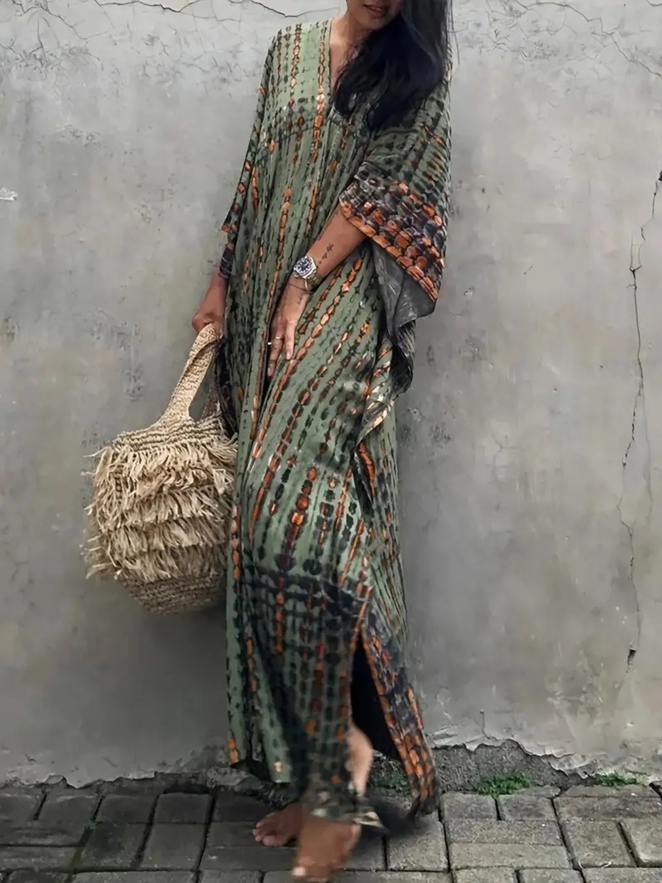 Tie - Dye V - Neck Maxi Dress with Flowy Sleeves - adritiX