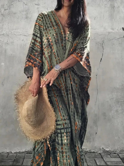 Tie - Dye V - Neck Maxi Dress with Flowy Sleeves - adritiX