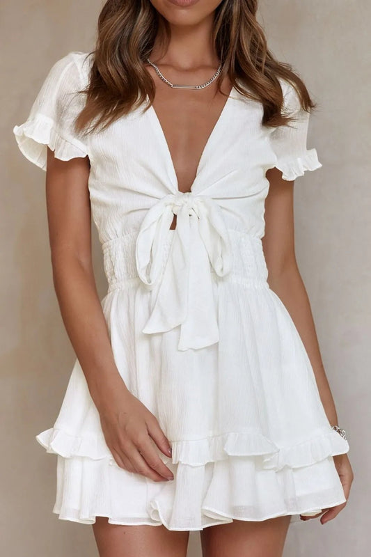 Tie - Front Mini Dress with Smocked Waist - adritiX