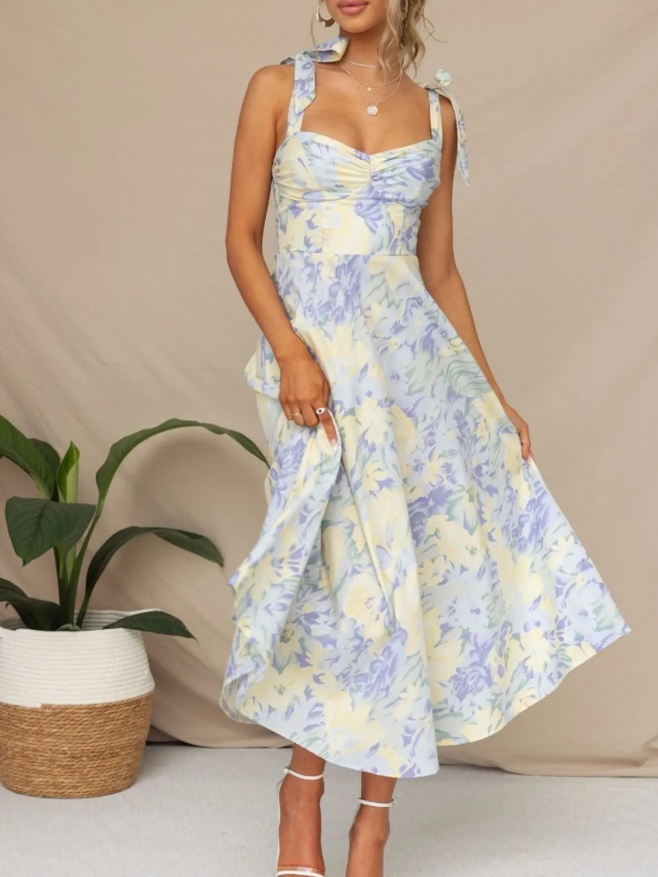 Tie - Shoulder Sweetheart Neck Summer Dress - adritiX