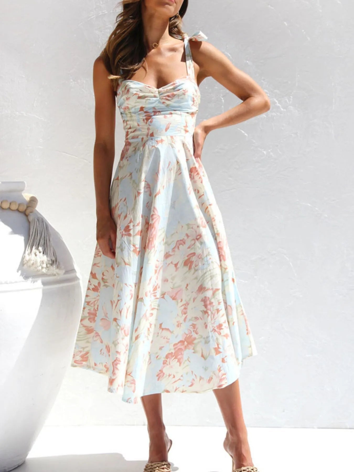 Tie - Shoulder Sweetheart Neck Summer Dress - adritiX