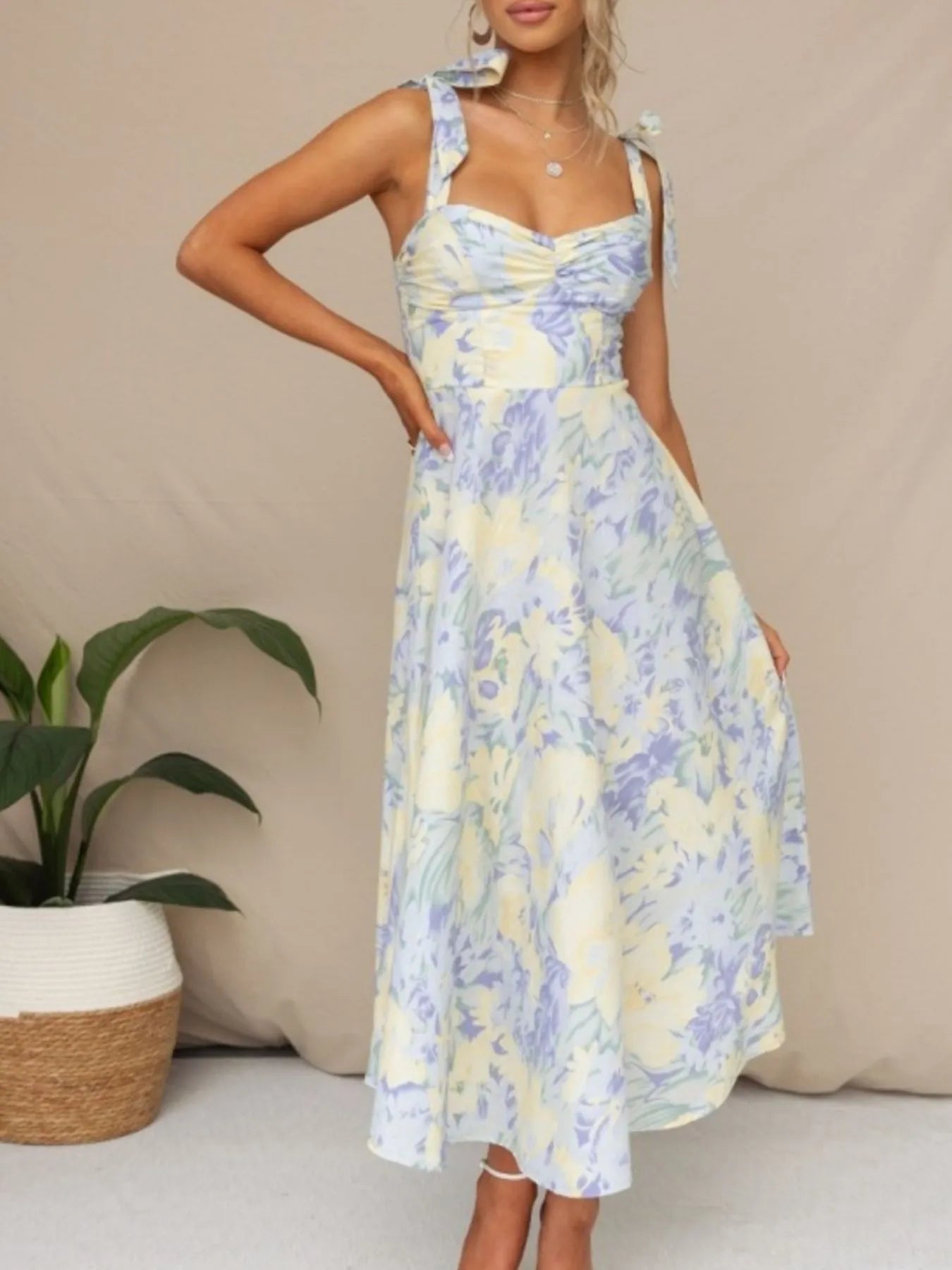 Tie - Shoulder Sweetheart Neck Summer Dress - adritiX