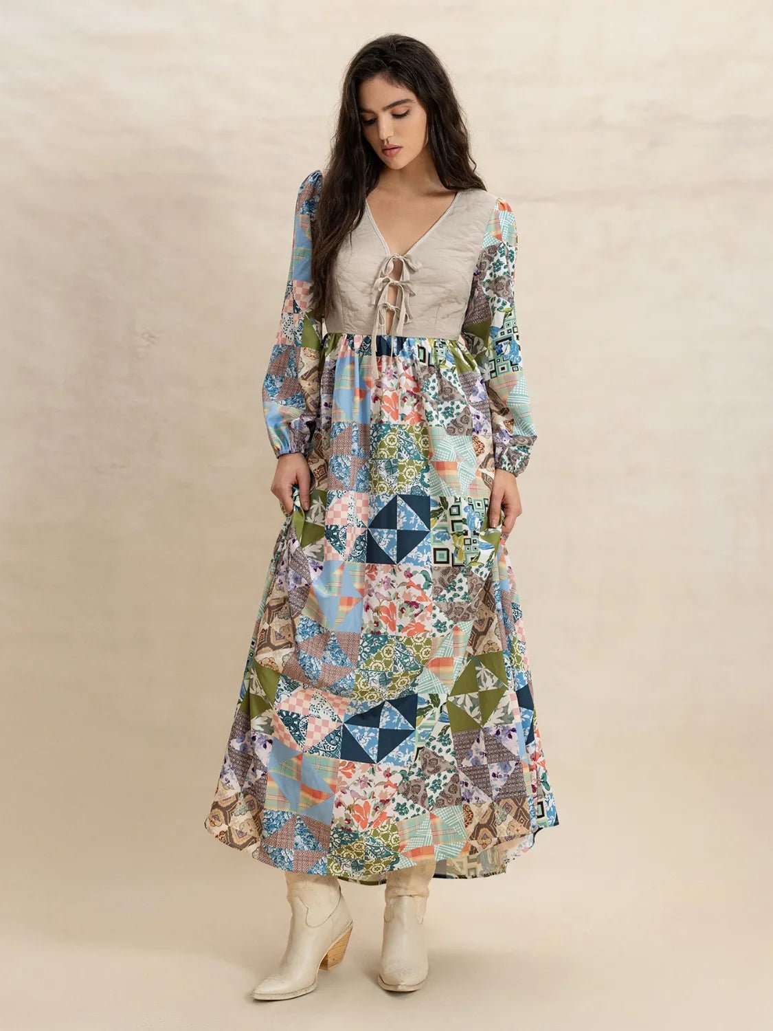 Tied Front Printed Long Sleeve Maxi Dress - adritiX