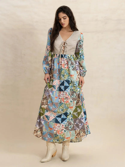 Tied Front Printed Long Sleeve Maxi Dress - adritiX