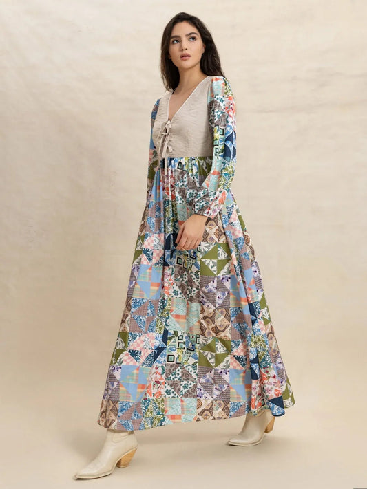 Tied Front Printed Long Sleeve Maxi Dress - adritiX