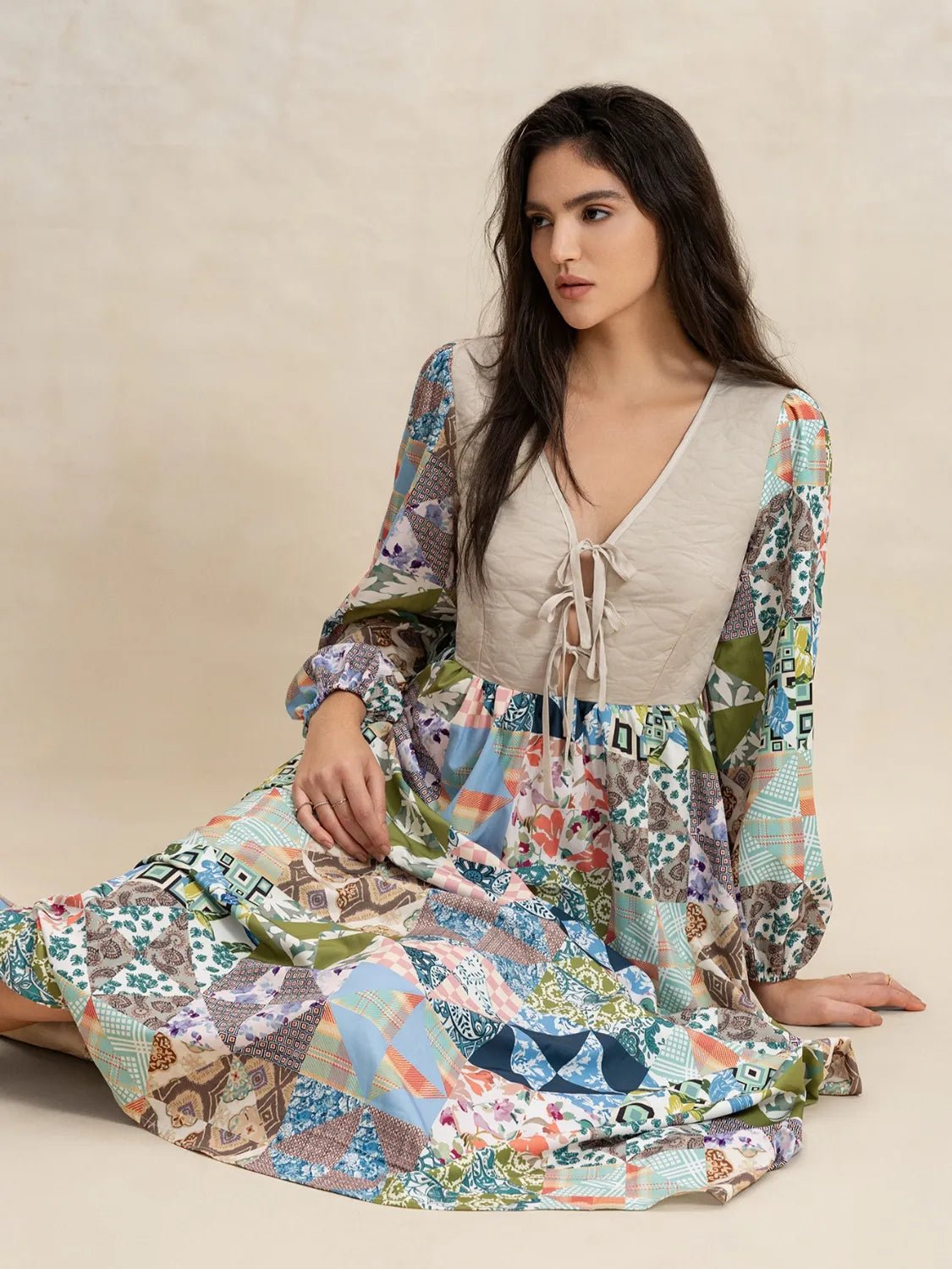 Tied Front Printed Long Sleeve Maxi Dress - adritiX