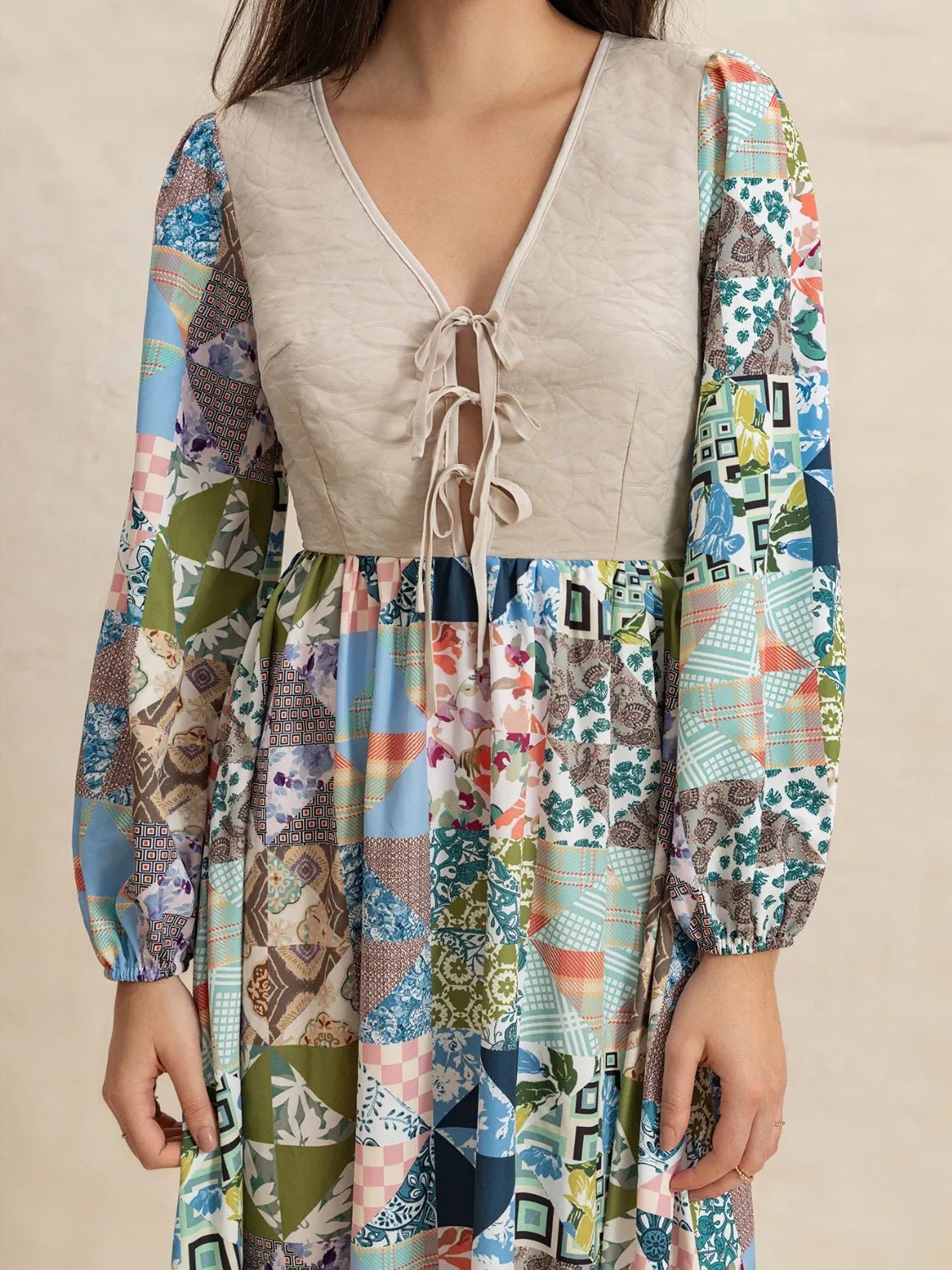 Tied Front Printed Long Sleeve Maxi Dress - adritiX