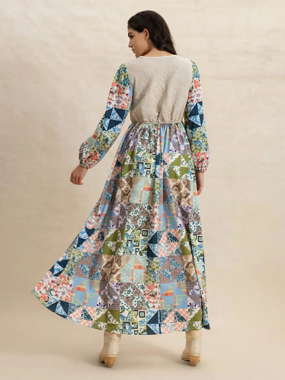 Tied Front Printed Long Sleeve Maxi Dress - adritiX