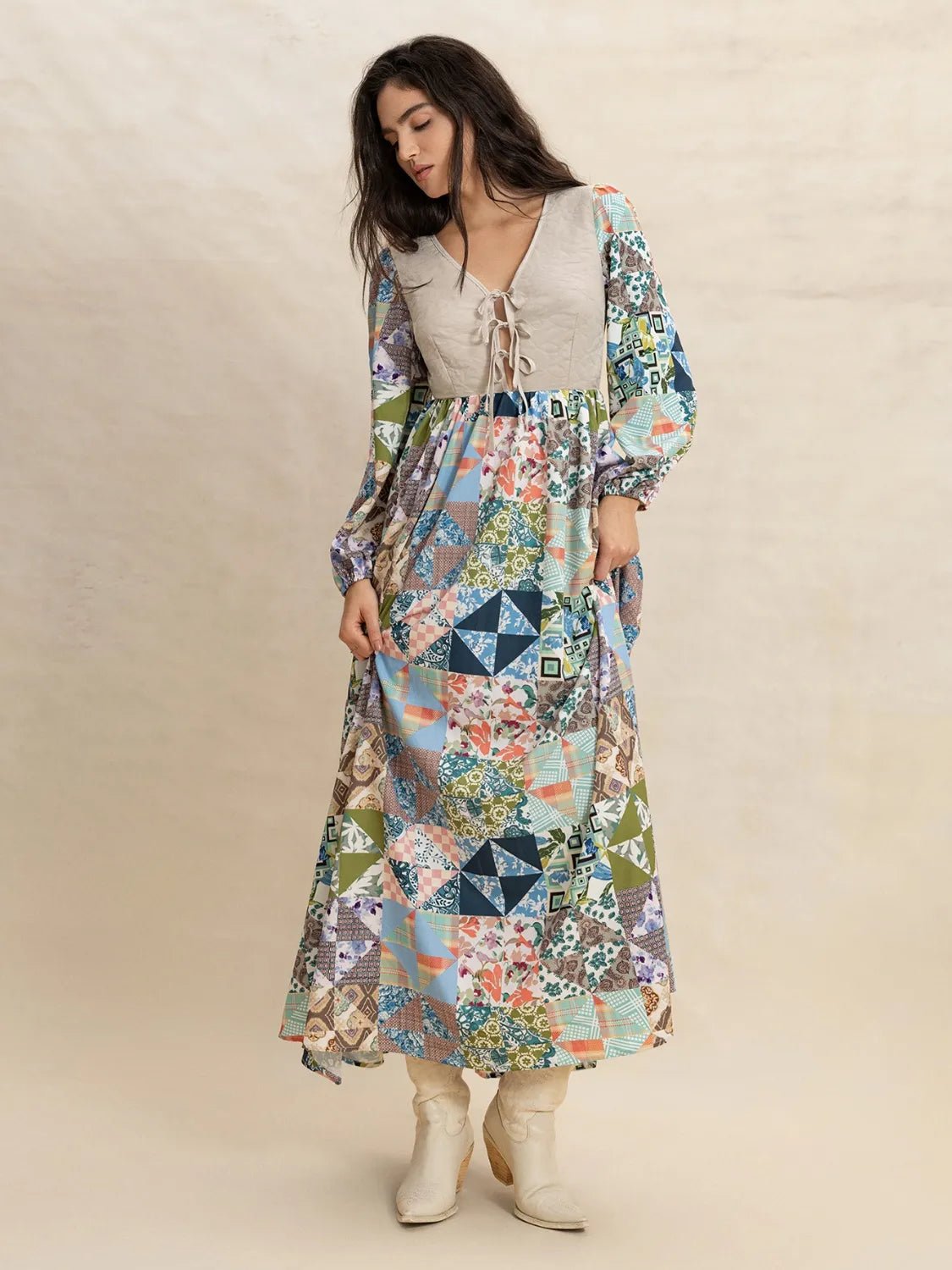 Tied Front Printed Long Sleeve Maxi Dress - adritiX