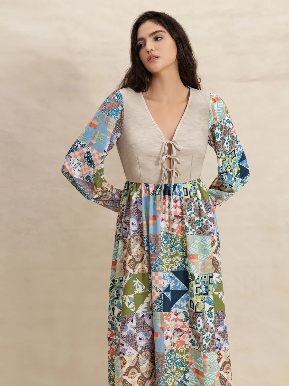 Tied Front Printed Long Sleeve Maxi Dress - adritiX