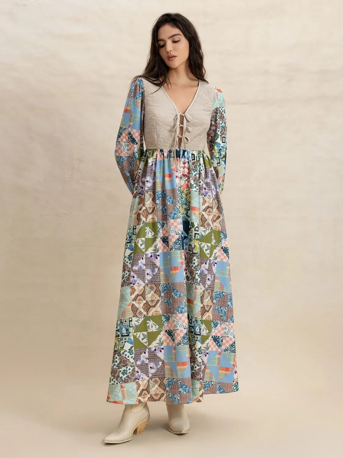 Tied Front Printed Long Sleeve Maxi Dress - adritiX