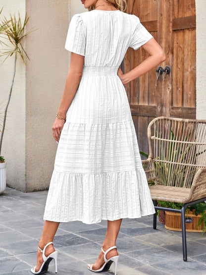 Tiered Notched Short Sleeve Dress - adritiX