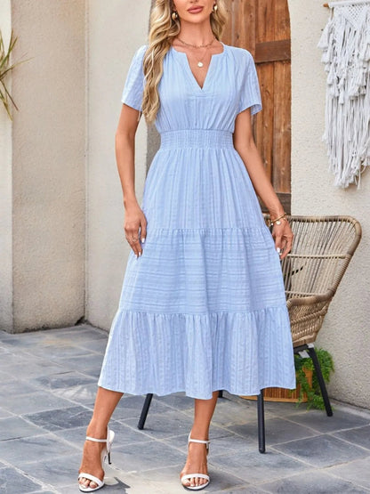 Tiered Notched Short Sleeve Dress - adritiX