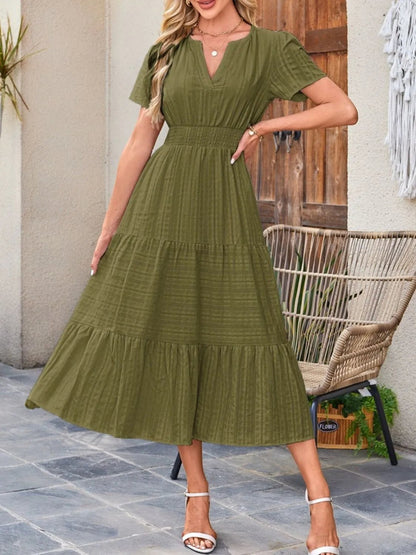 Tiered Notched Short Sleeve Dress - adritiX