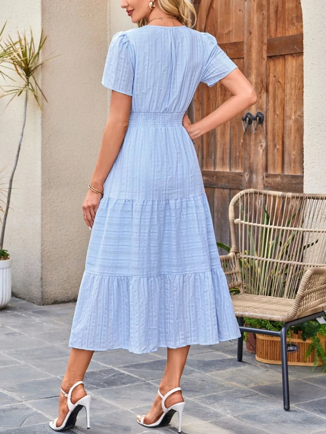 Tiered Notched Short Sleeve Dress - adritiX