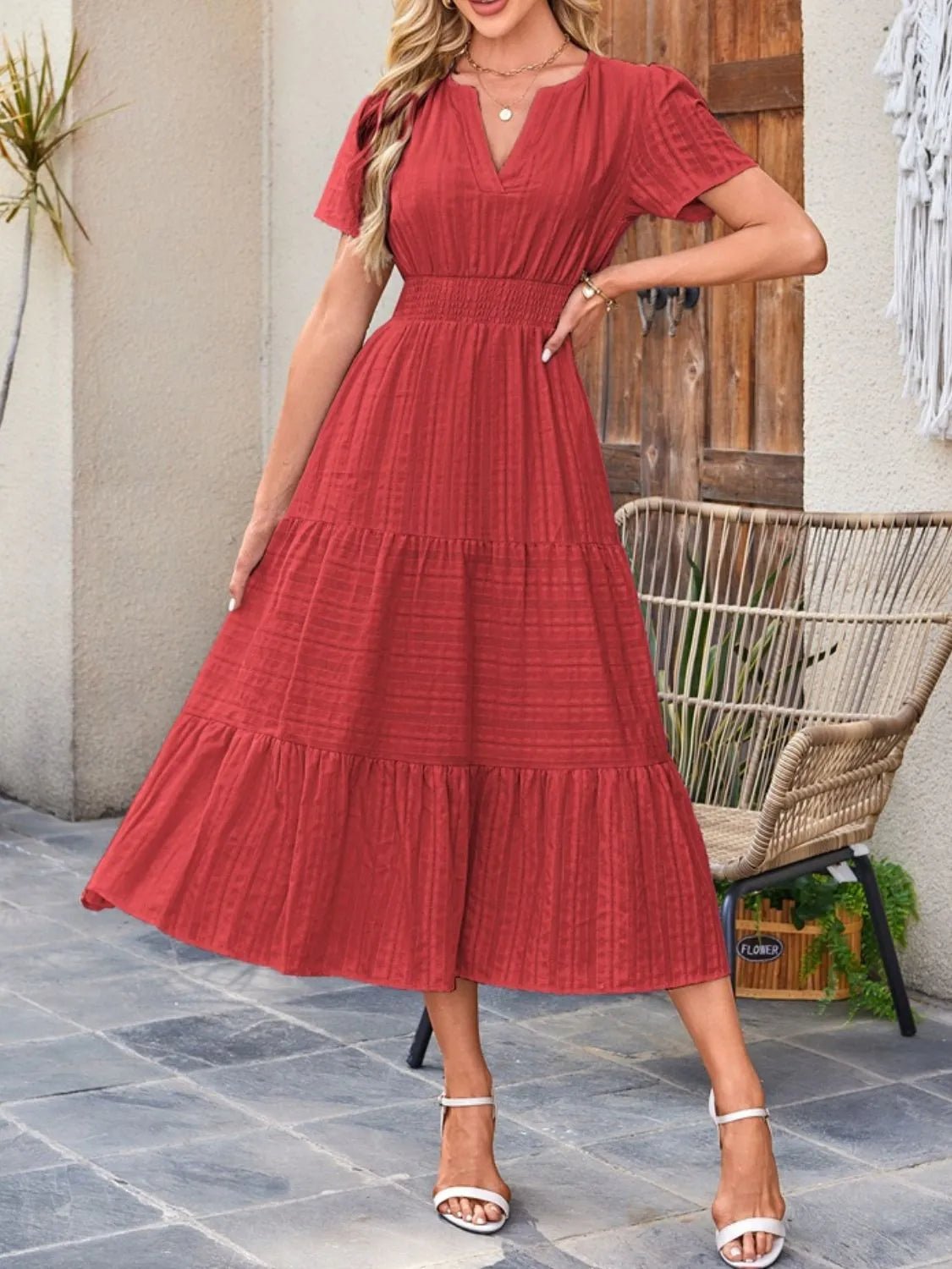 Tiered Notched Short Sleeve Dress - adritiX