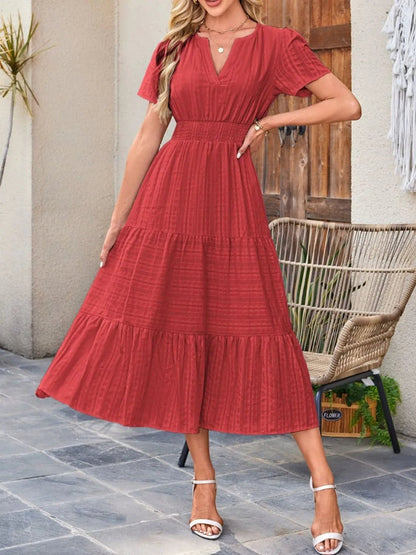 Tiered Notched Short Sleeve Dress - adritiX