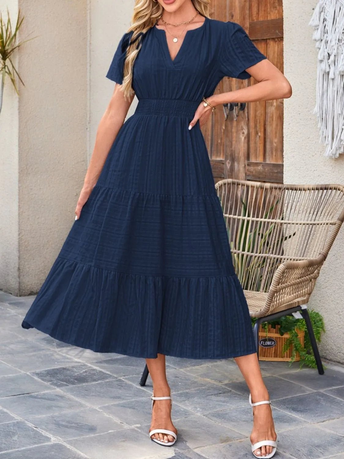 Tiered Notched Short Sleeve Dress - adritiX