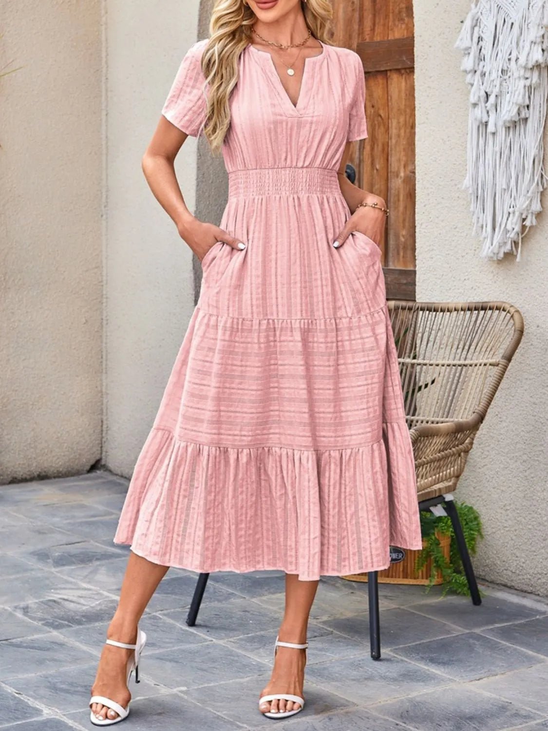 Tiered Notched Short Sleeve Dress - adritiX