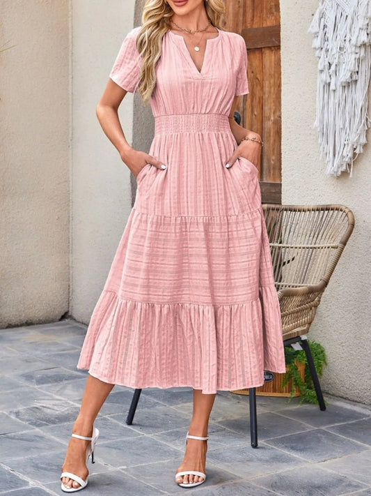 Tiered Notched Short Sleeve Dress - adritiX