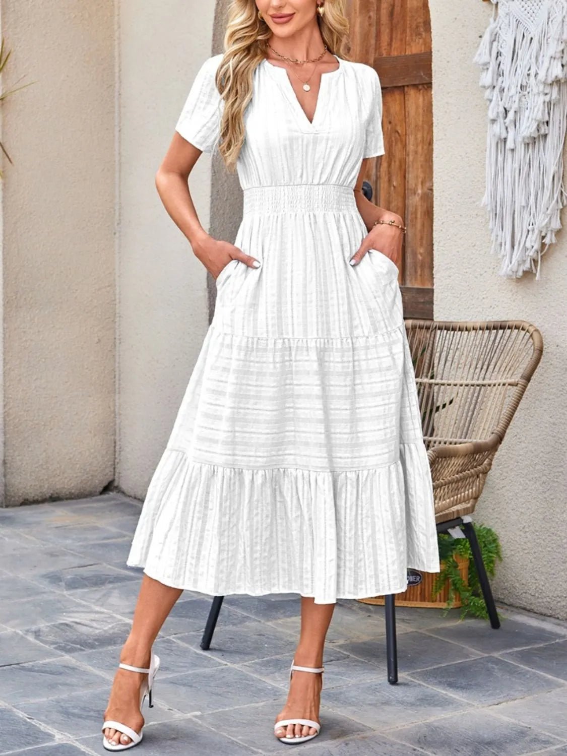 Tiered Notched Short Sleeve Dress - adritiX