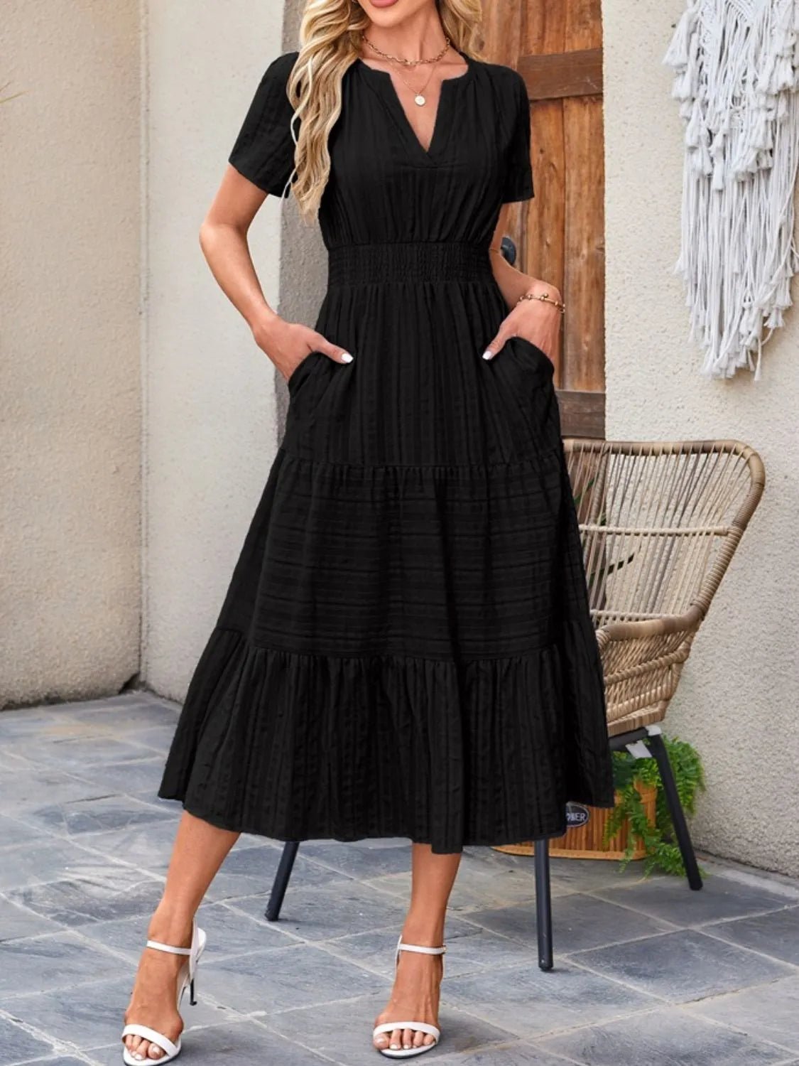 Tiered Notched Short Sleeve Dress - adritiX