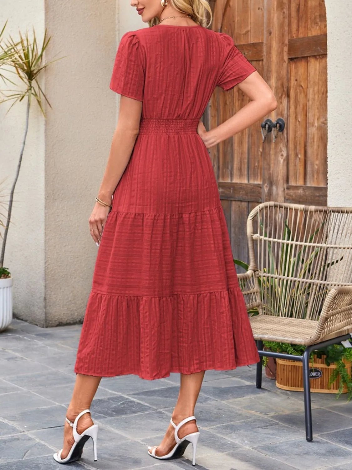 Tiered Notched Short Sleeve Dress - adritiX